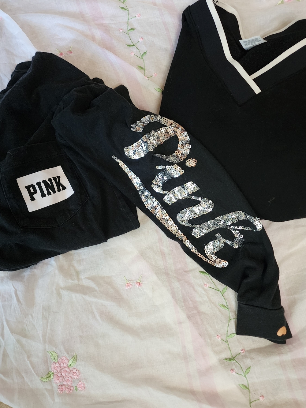 PINK Victoria's Secret Black Crewneck Sequin Tee & Varsity Style Sweatshirt Sz S